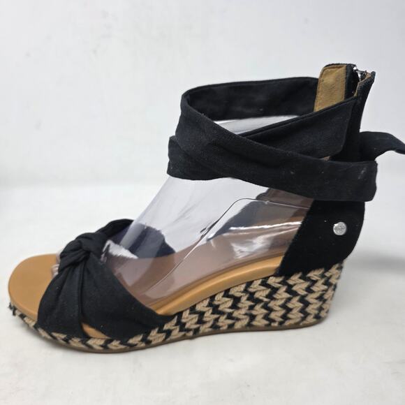 UGG Black Canvas Wedge Sandals Size 8 Womens Ankle Wrap Espadrilles - Picture 2 of 8